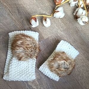 Cozy Knit mommy and me matching ear muffs warmerswith Faux Fur Pom - White